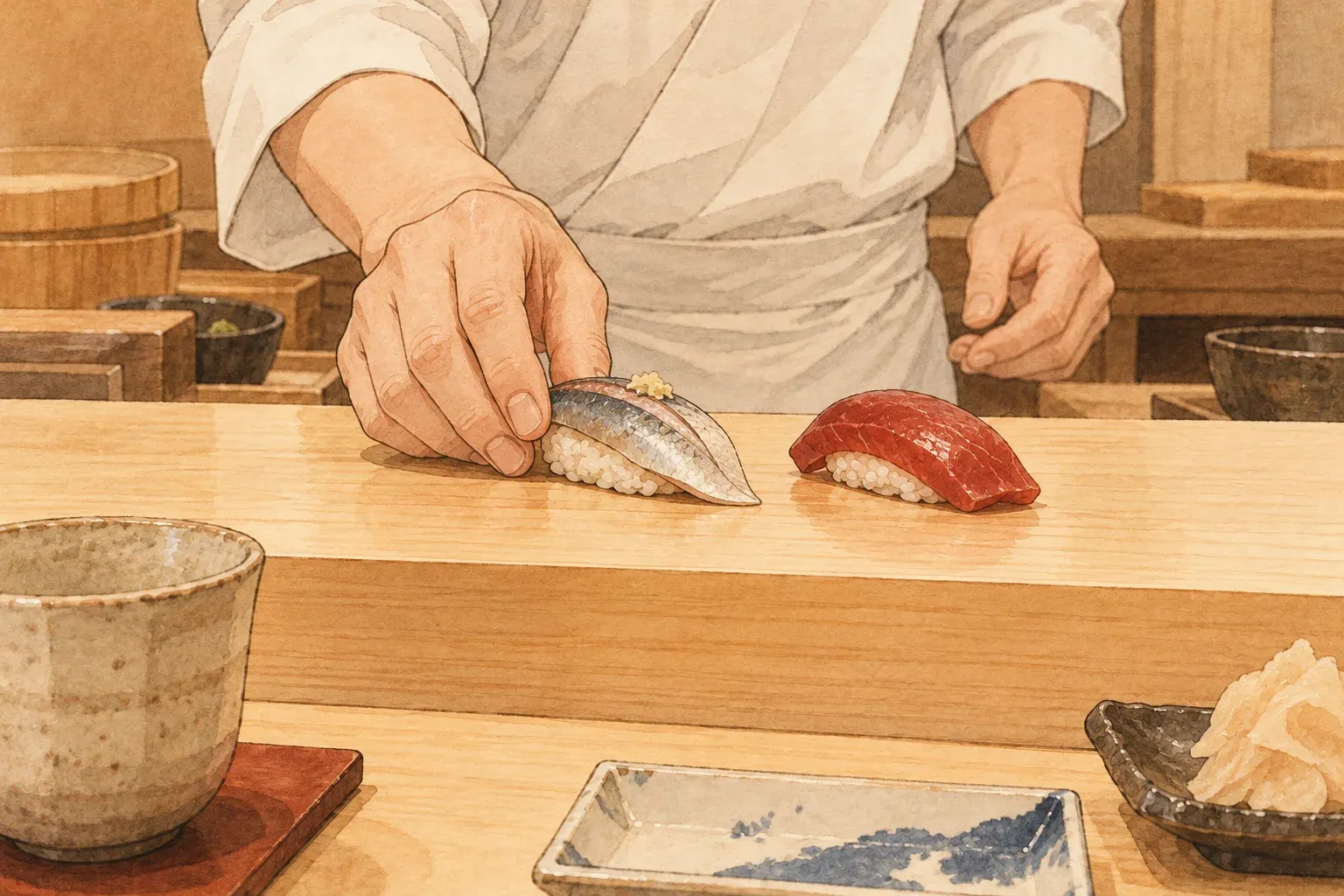 Illustration of a sushi chef setting a piece of cured silver-skinned fish beside a piece of tuna on a pale wooden counter