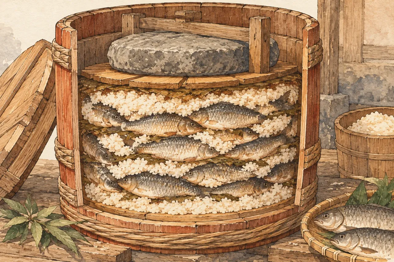 A cutaway of a wooden tub with layers of carp packed in rice under a heavy stone