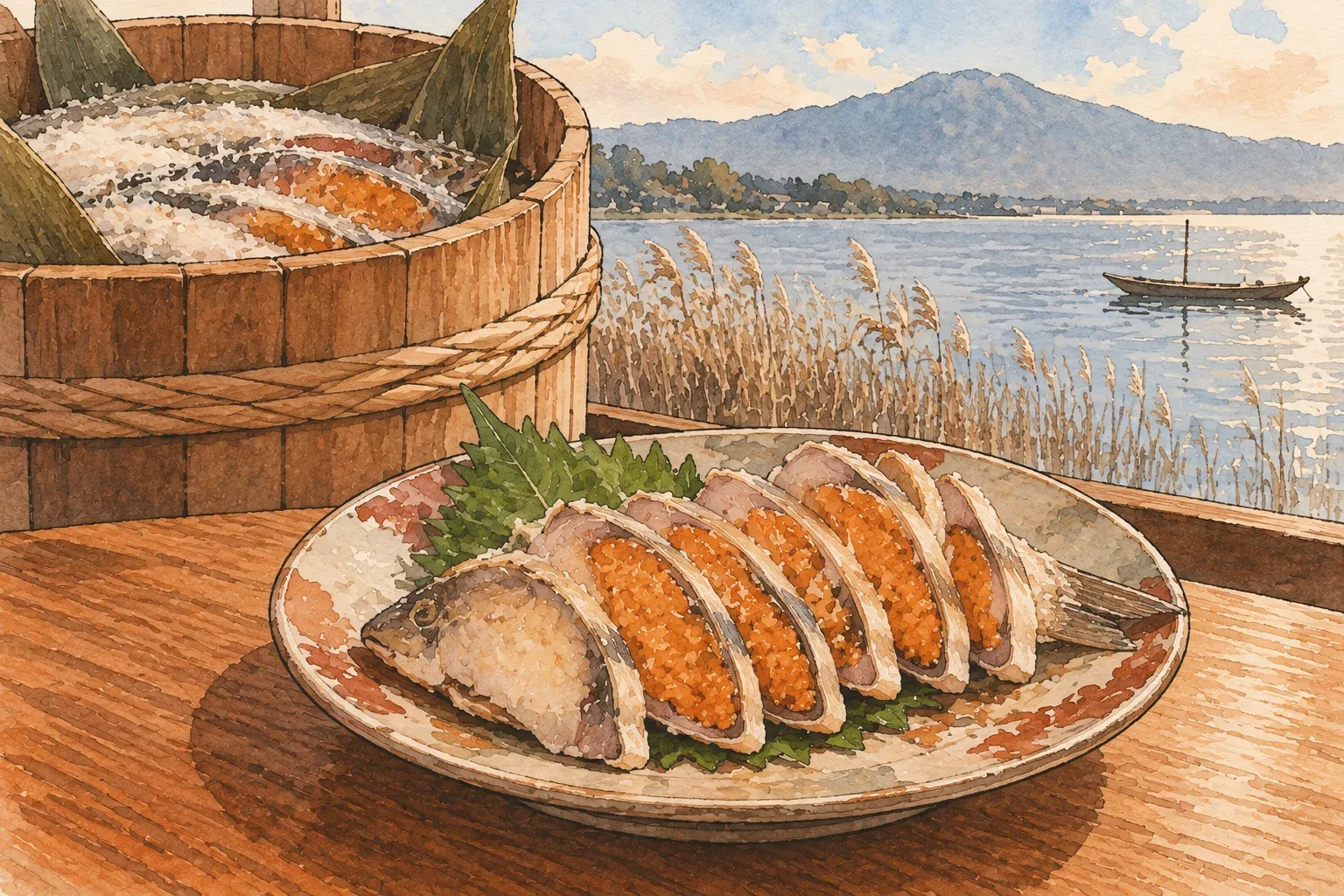 Illustration of slices of funa-zushi with orange roe on a plate, a fermenting tub beside it and Lake Biwa with reeds and a boat behind