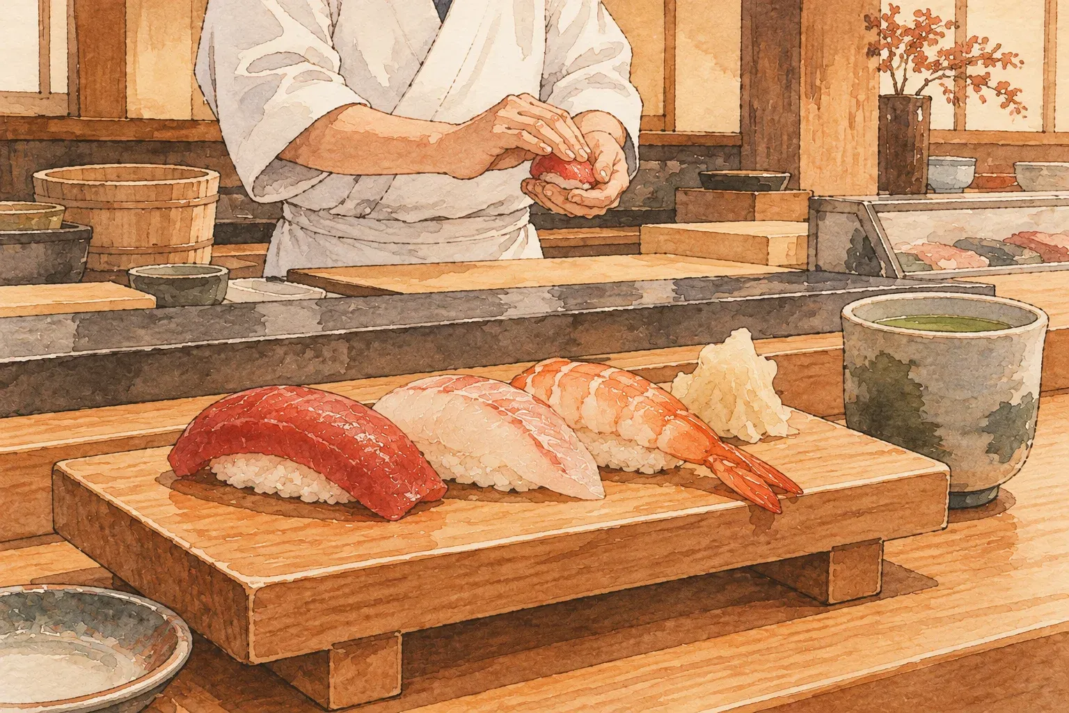 Illustration of a sushi chef pressing nigiri at a counter, pieces of tuna, sea bream and shrimp on a wooden board, a cup of green tea