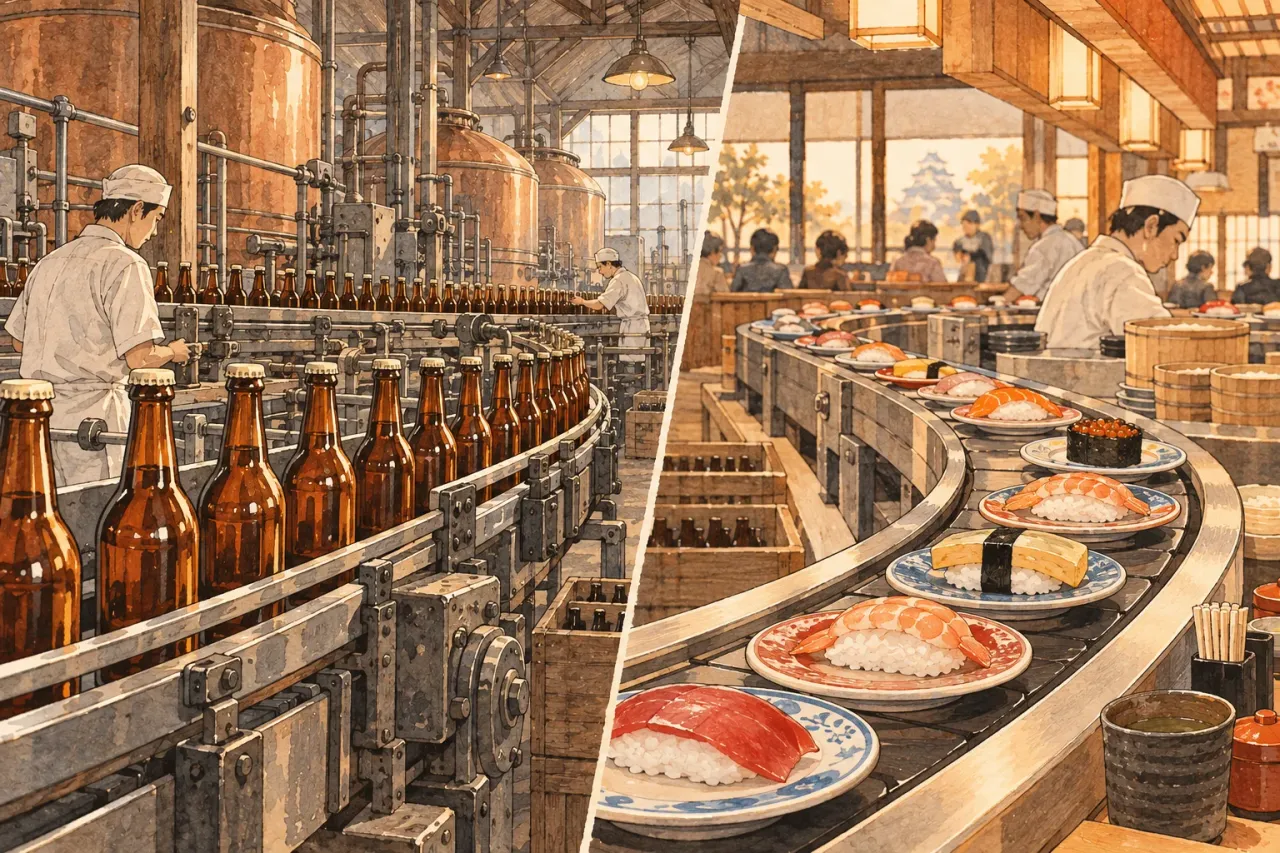 Beer bottles moving along a brewery conveyor, beside a sushi conveyor carrying plates past diners
