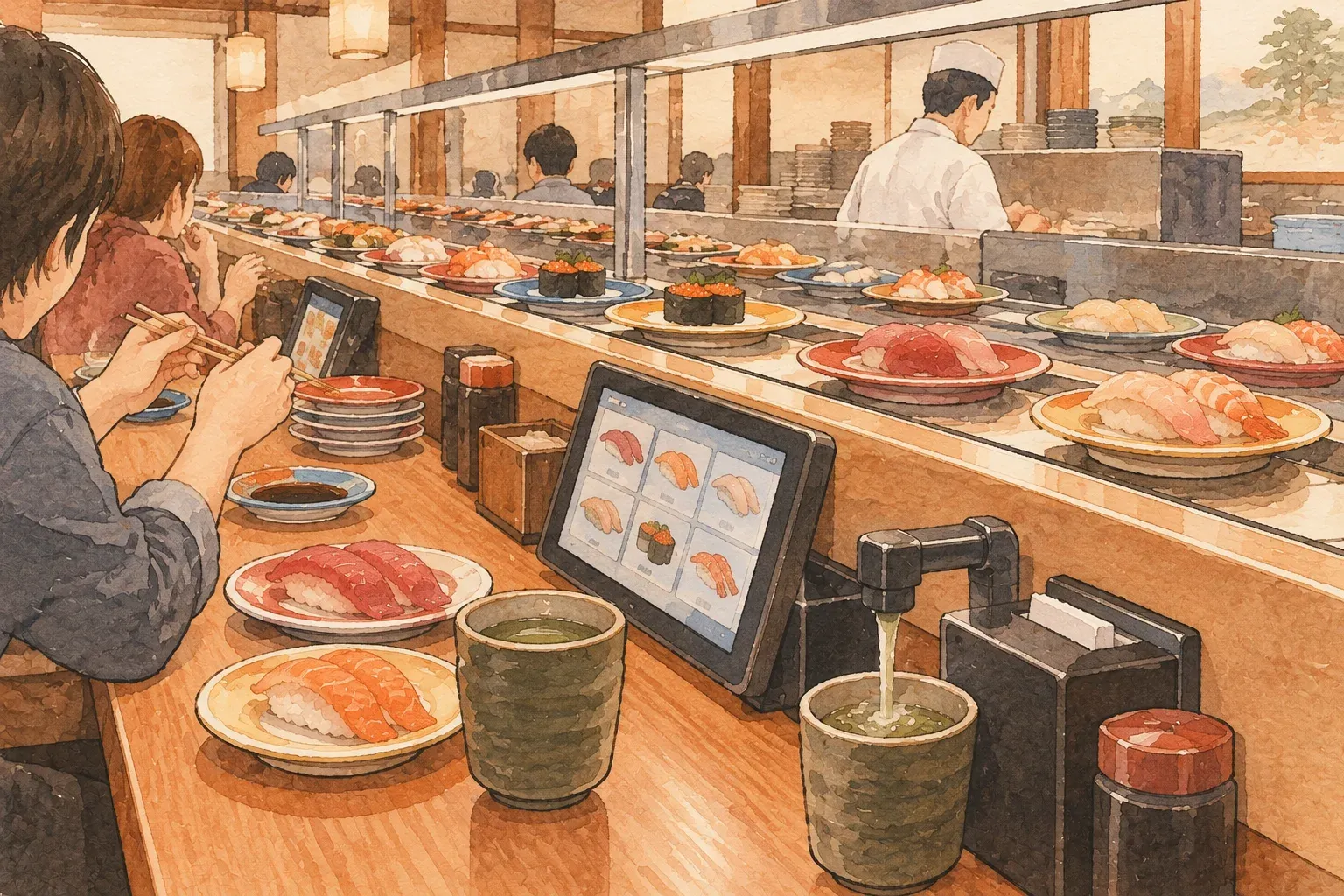 Illustration of a conveyor-belt sushi counter with plates passing seated diners, a touch screen and a hot-water tap for tea