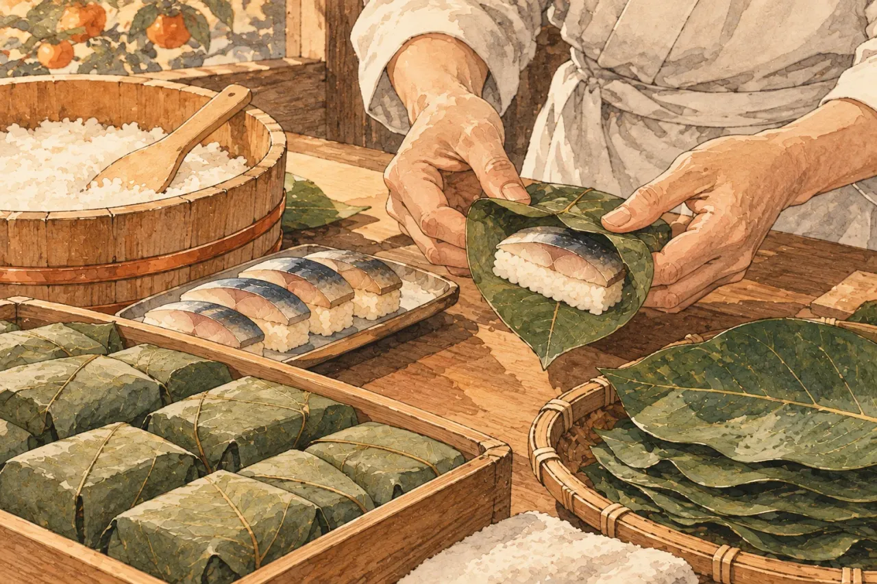 Hands wrapping a piece of mackerel sushi in a persimmon leaf, a tub of rice and a basket of leaves beside them