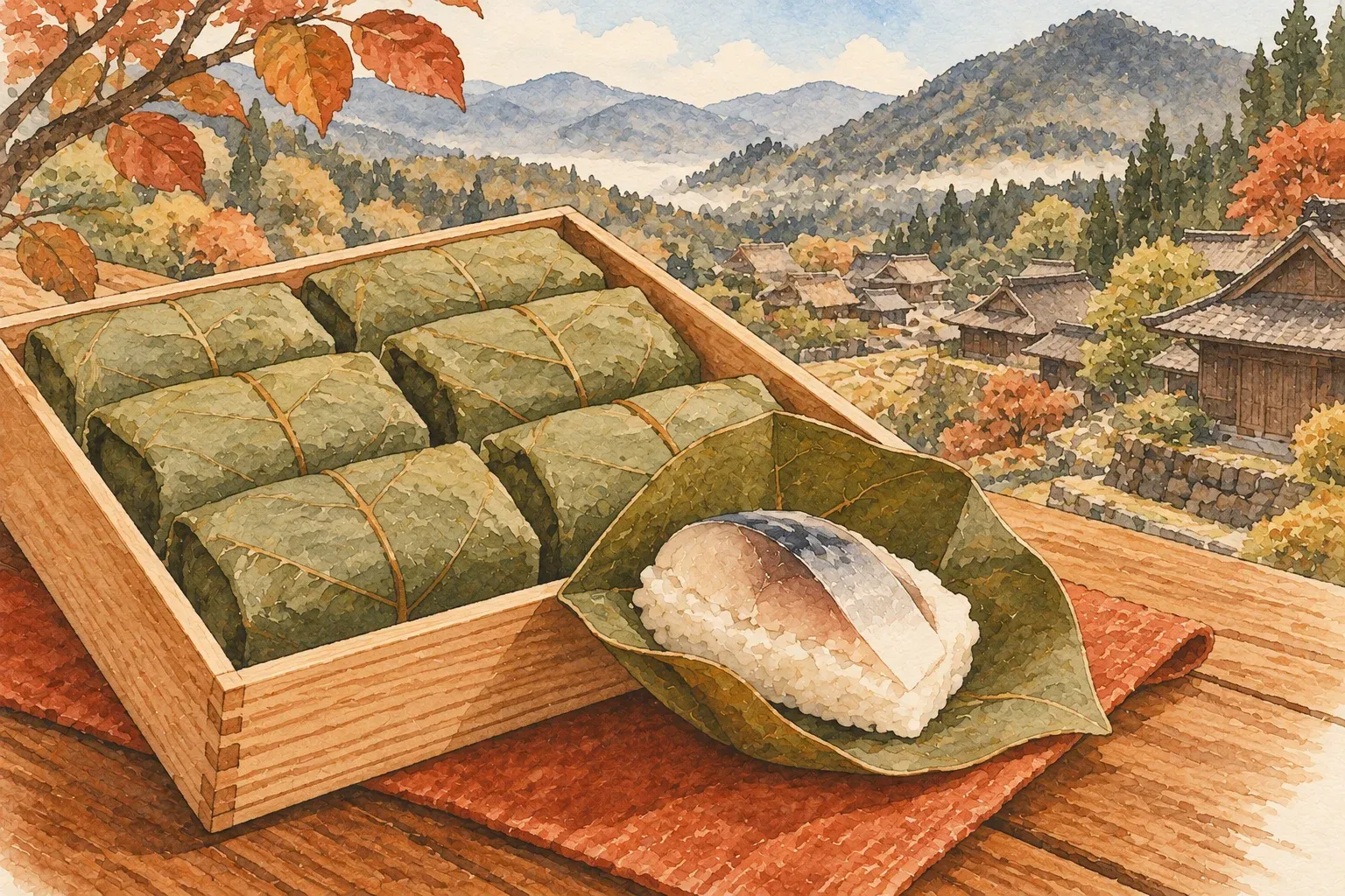 Illustration of a wooden box of persimmon-leaf-wrapped sushi, one opened to show mackerel on rice, autumn mountains and a village behind