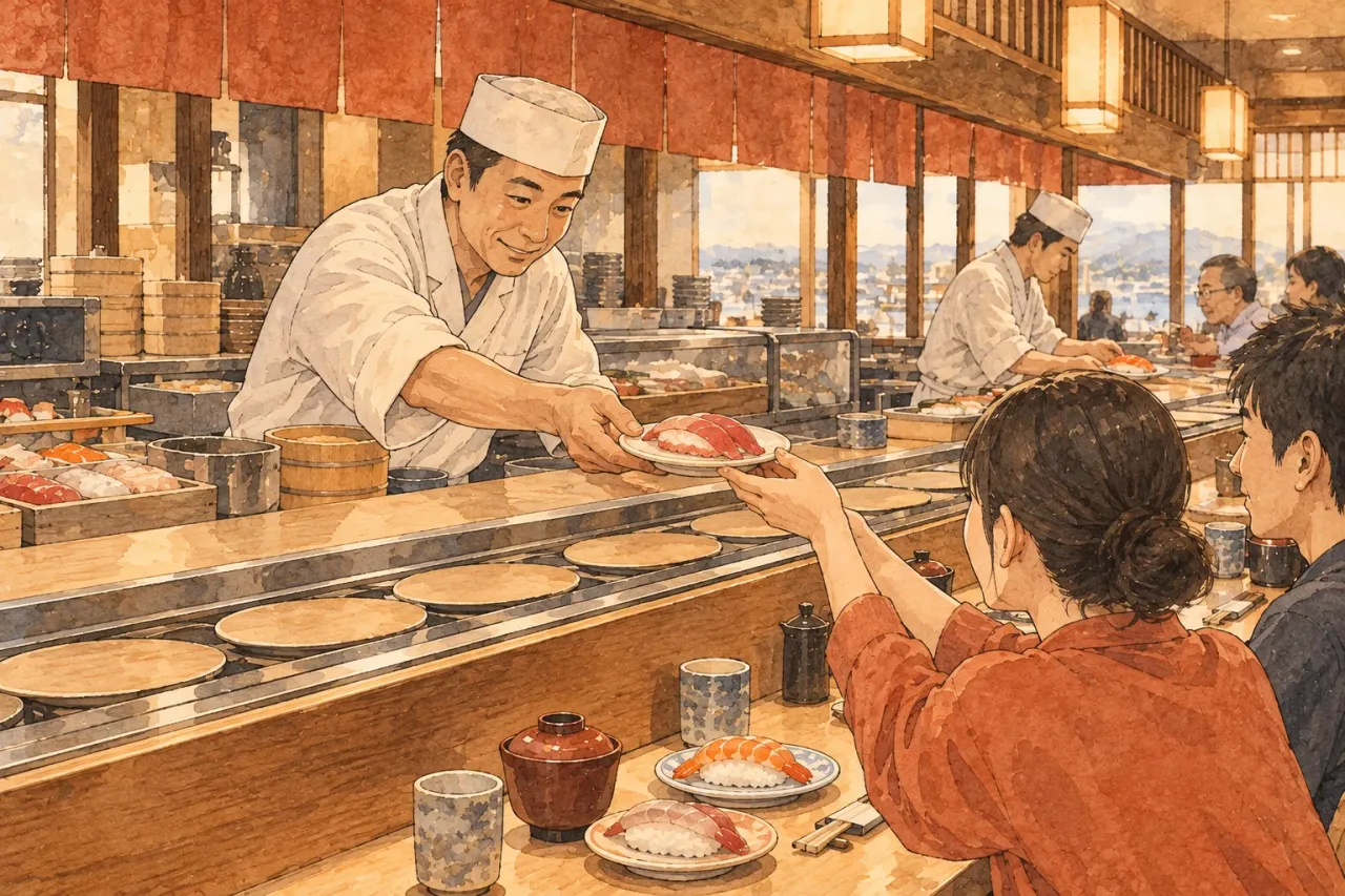 A conveyor sushi shop where the belt carries no plates and a chef hands an order straight across the counter