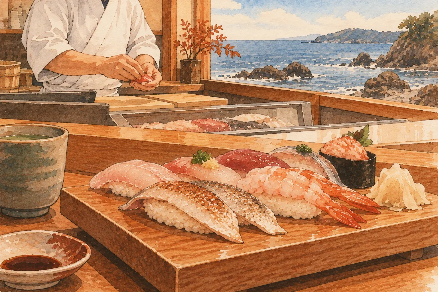 Illustration of nigiri of local fish and sweet shrimp on a wooden board at a sushi counter, the Sea of Japan through the window