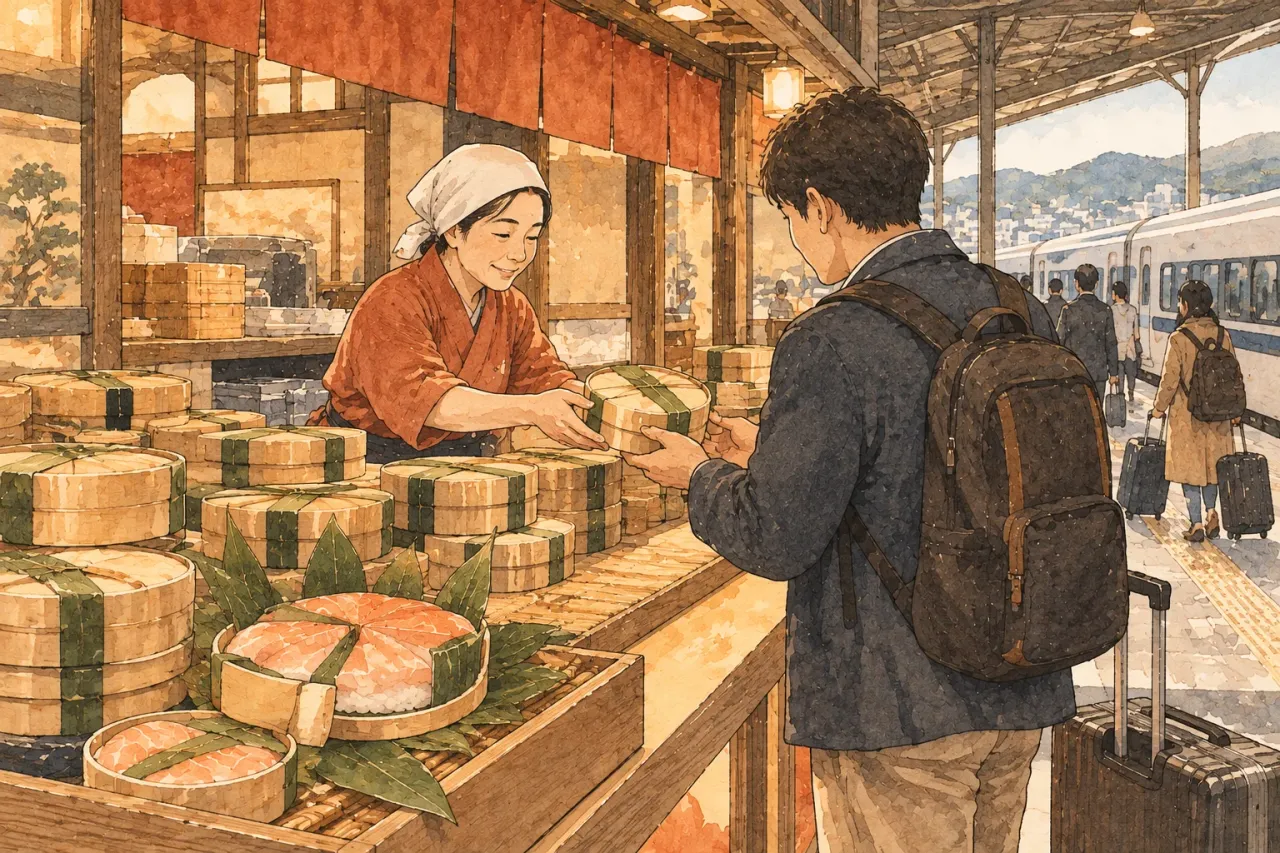 A traveller buying a round masu-zushi box at a station kiosk stacked with them, a train at the platform
