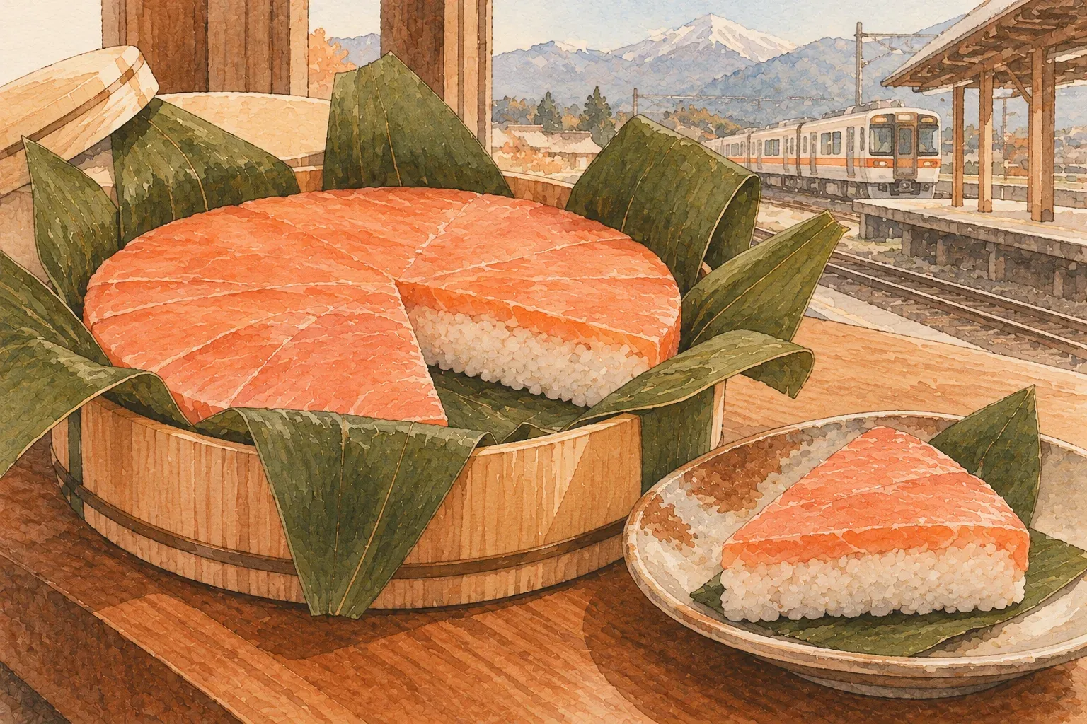 Illustration of a round masu-zushi of trout on rice lined with bamboo leaves, a slice cut out, a train and snowy mountains behind