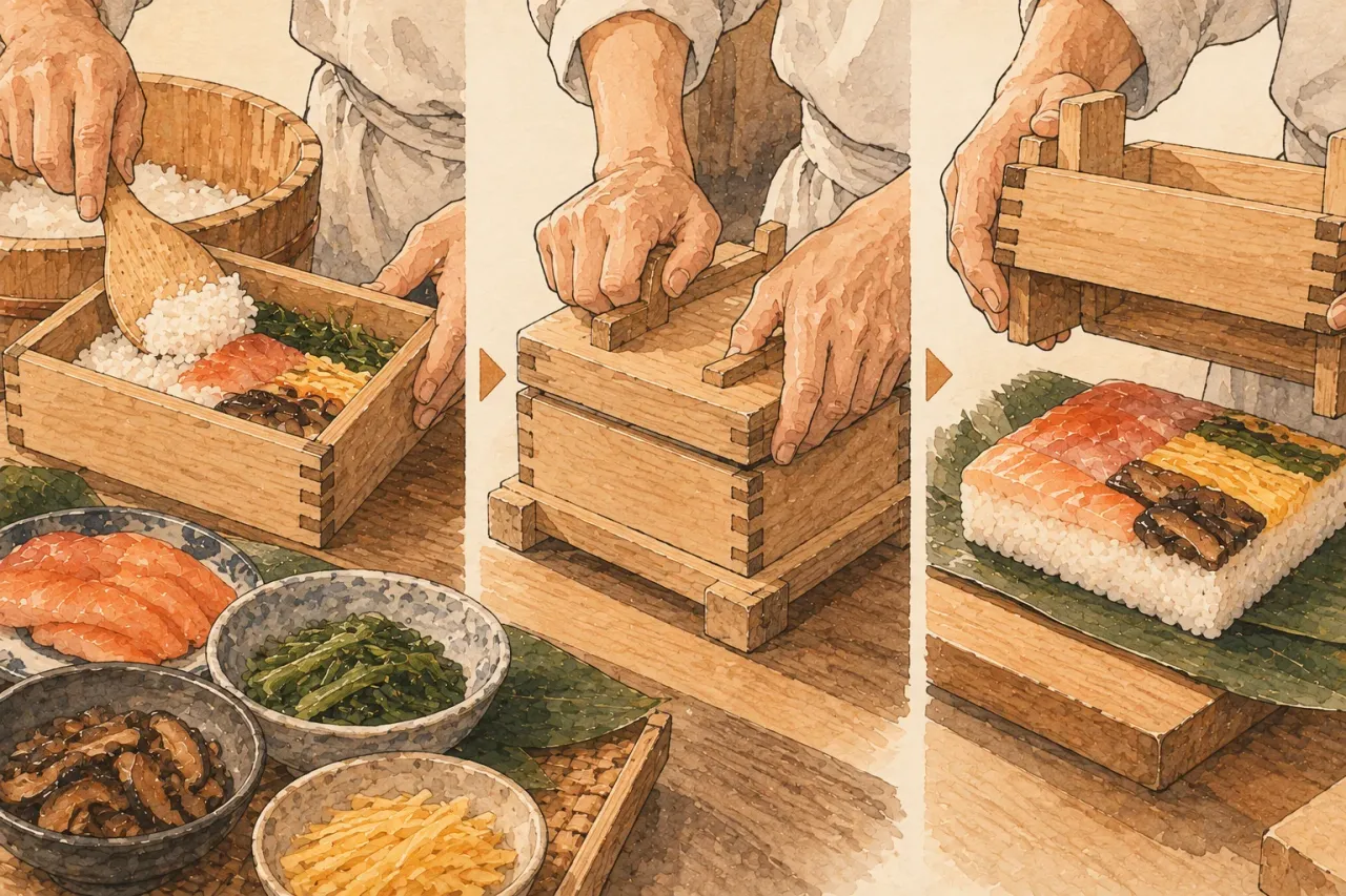 Three steps: rice and toppings laid in a wooden box, the lid pressed down, and the block lifted out whole