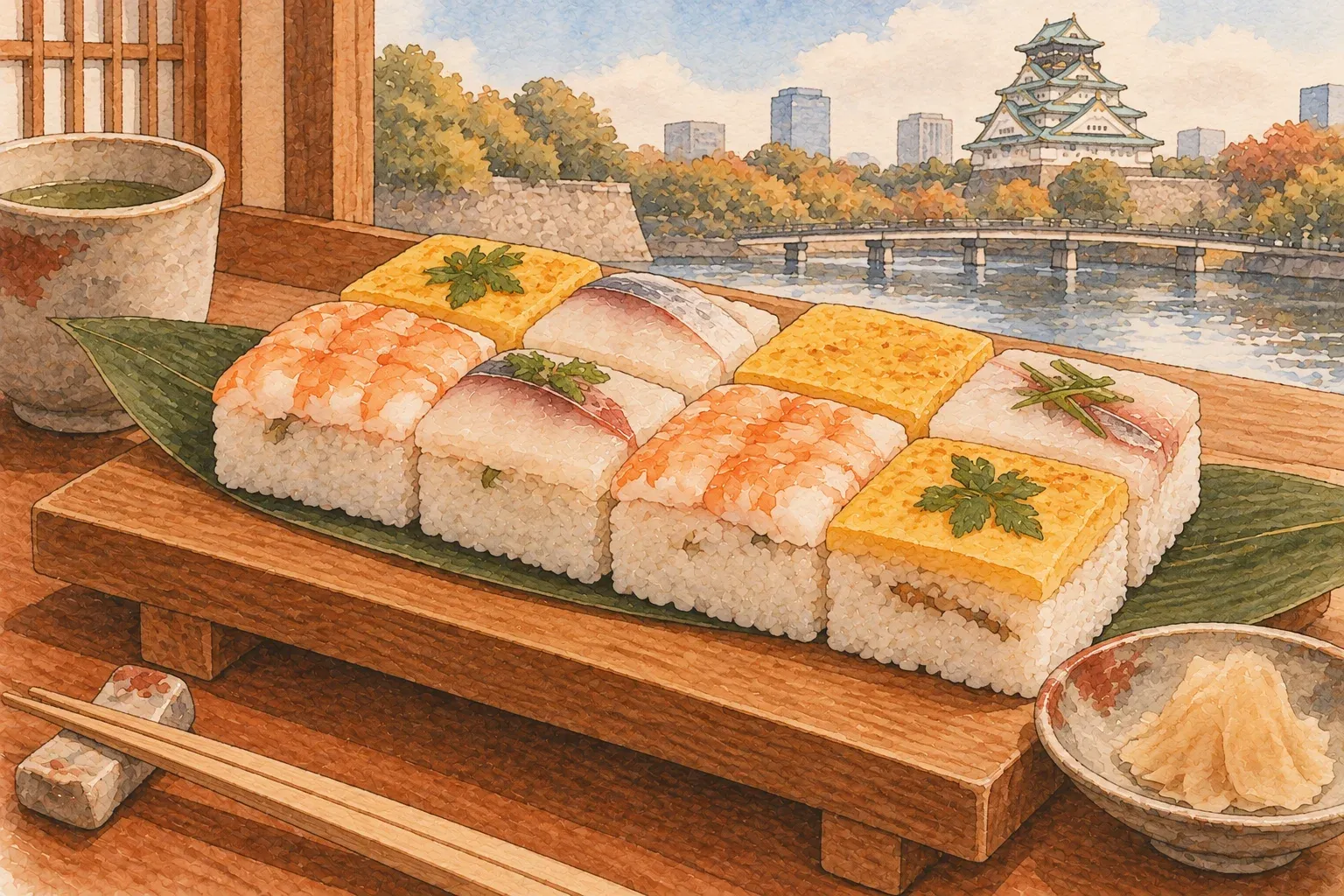 Illustration of squares of pressed box sushi topped with shrimp, sea bream and egg on a wooden board, Osaka Castle behind