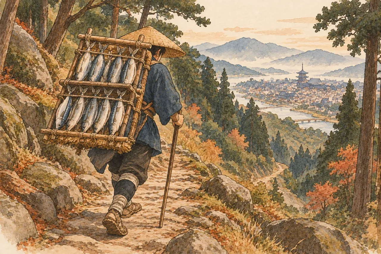 A traveller on a mountain path carrying salted mackerel on a frame on their back, a city with a pagoda in the valley below