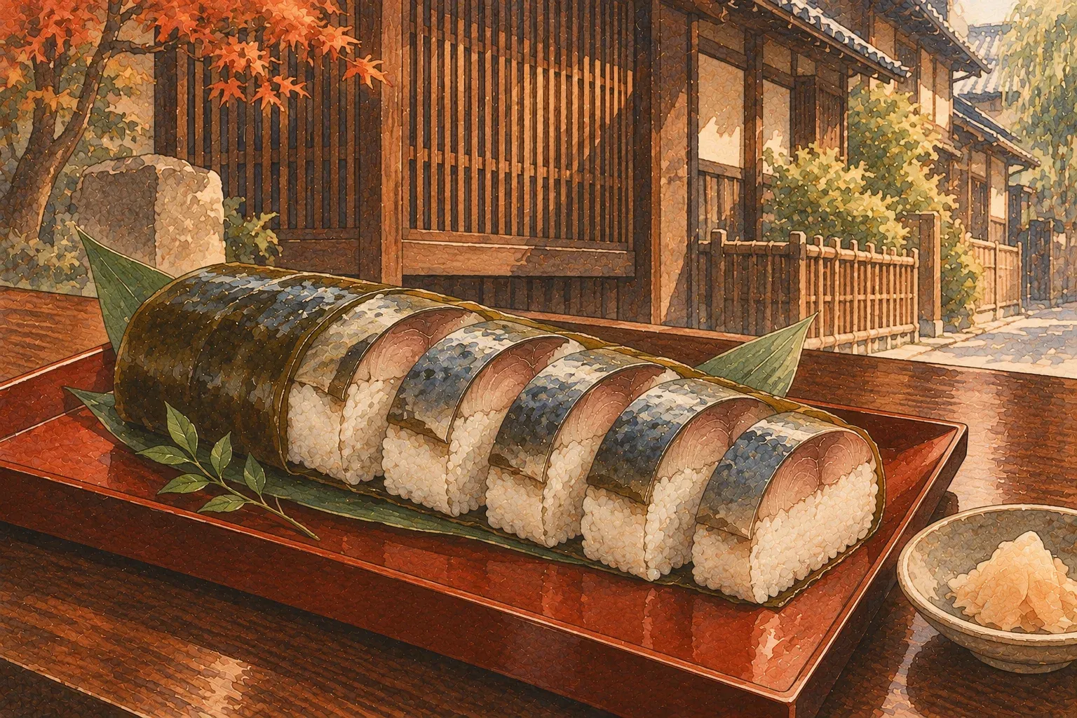 Illustration of a whole cured mackerel on a log of rice, sliced, on a lacquer tray, a Kyoto townhouse street behind