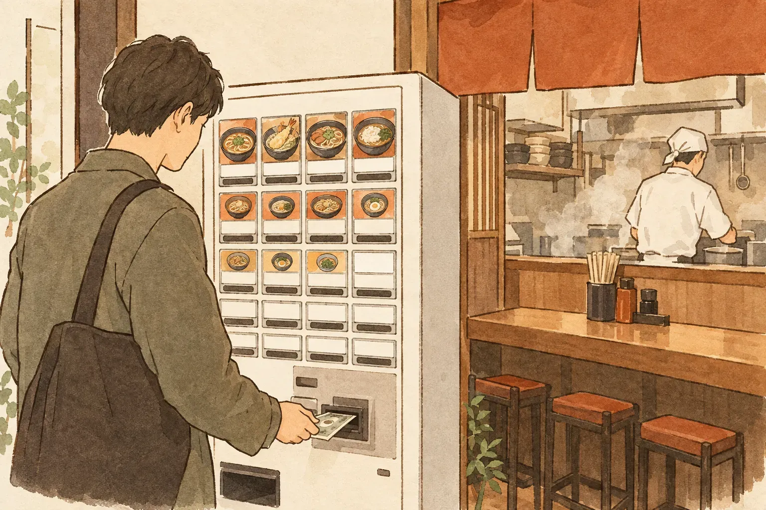 Illustration of a customer feeding a banknote into a meal ticket machine at the entrance of a small noodle shop, the cook working behind the counter