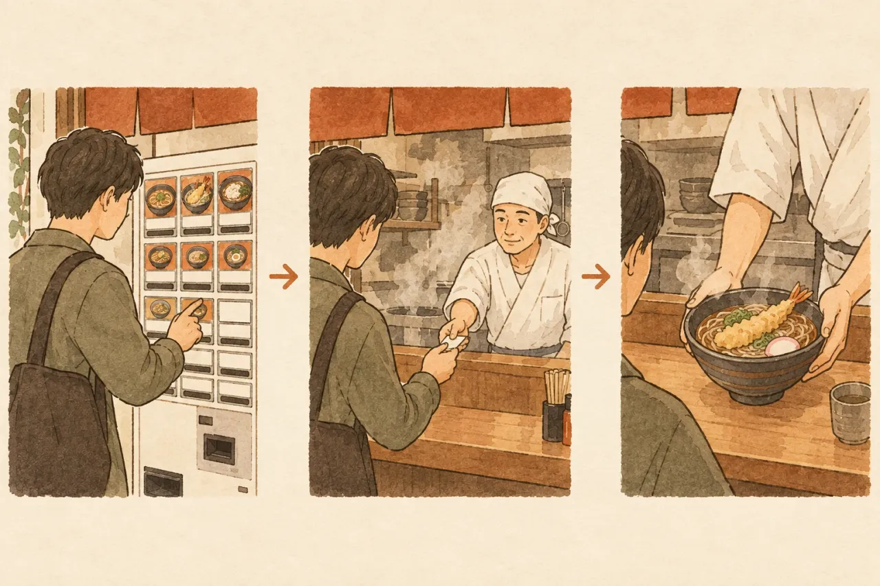 Three panels: a customer pressing a button on a meal ticket machine, handing the paper ticket to the cook across the counter, and a bowl of tempura soba being set down in front of them