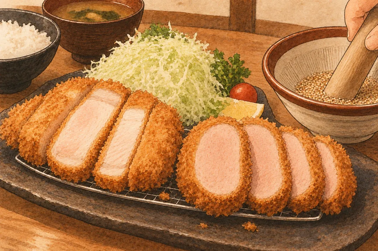 Sliced loin and fillet cutlets side by side on a plate with shredded cabbage, sesame being ground in a bowl beside them