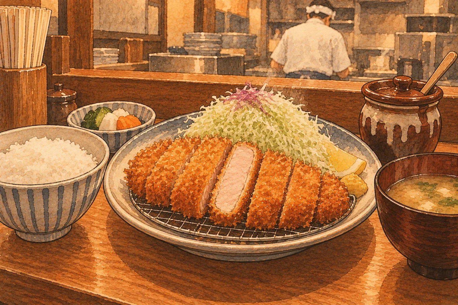 Illustration of a tonkatsu set: a sliced cutlet with shredded cabbage, rice, miso soup and a pot of sauce at a counter