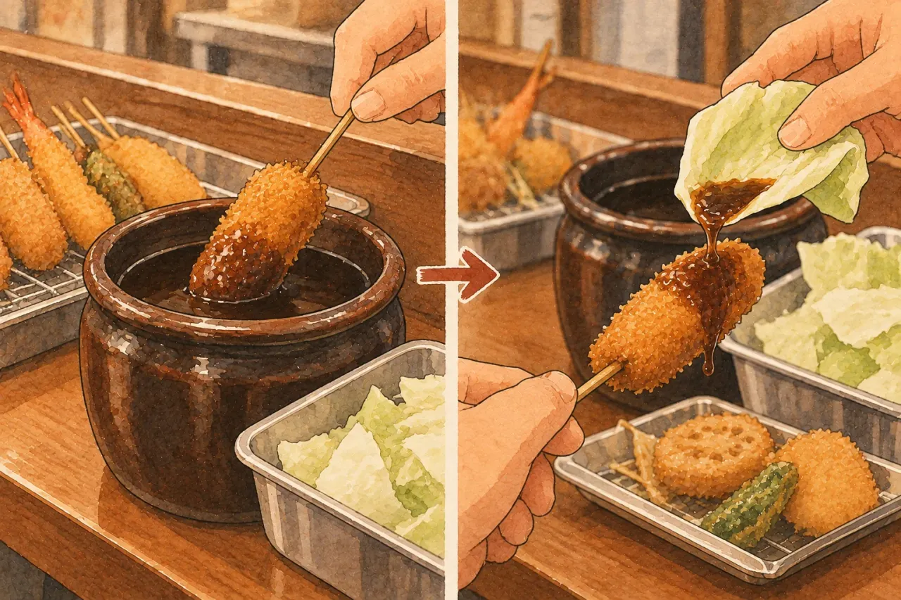 A skewer dipped once into the shared sauce pot, then a cabbage leaf used to scoop more sauce onto it