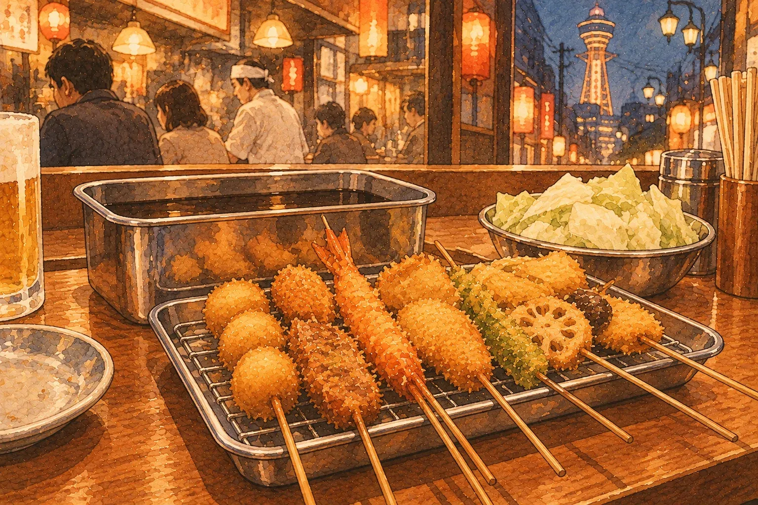 Illustration of a tray of fried skewers and a shared tray of sauce on a counter, cabbage beside them and Tsutenkaku tower outside