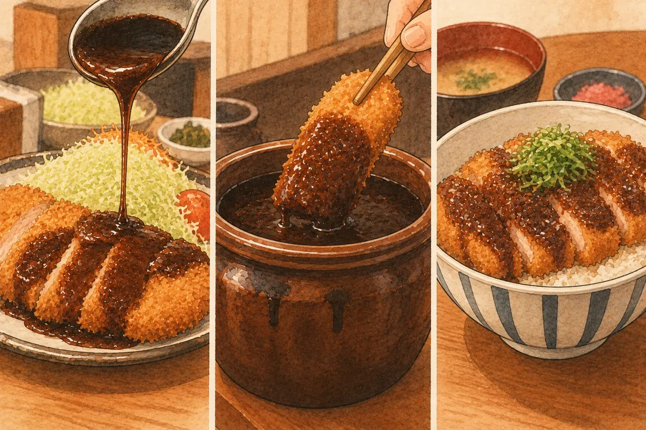 Three ways miso sauce reaches the cutlet: poured over a plate, a skewered cutlet dipped in a pot, and cutlet on rice in a bowl