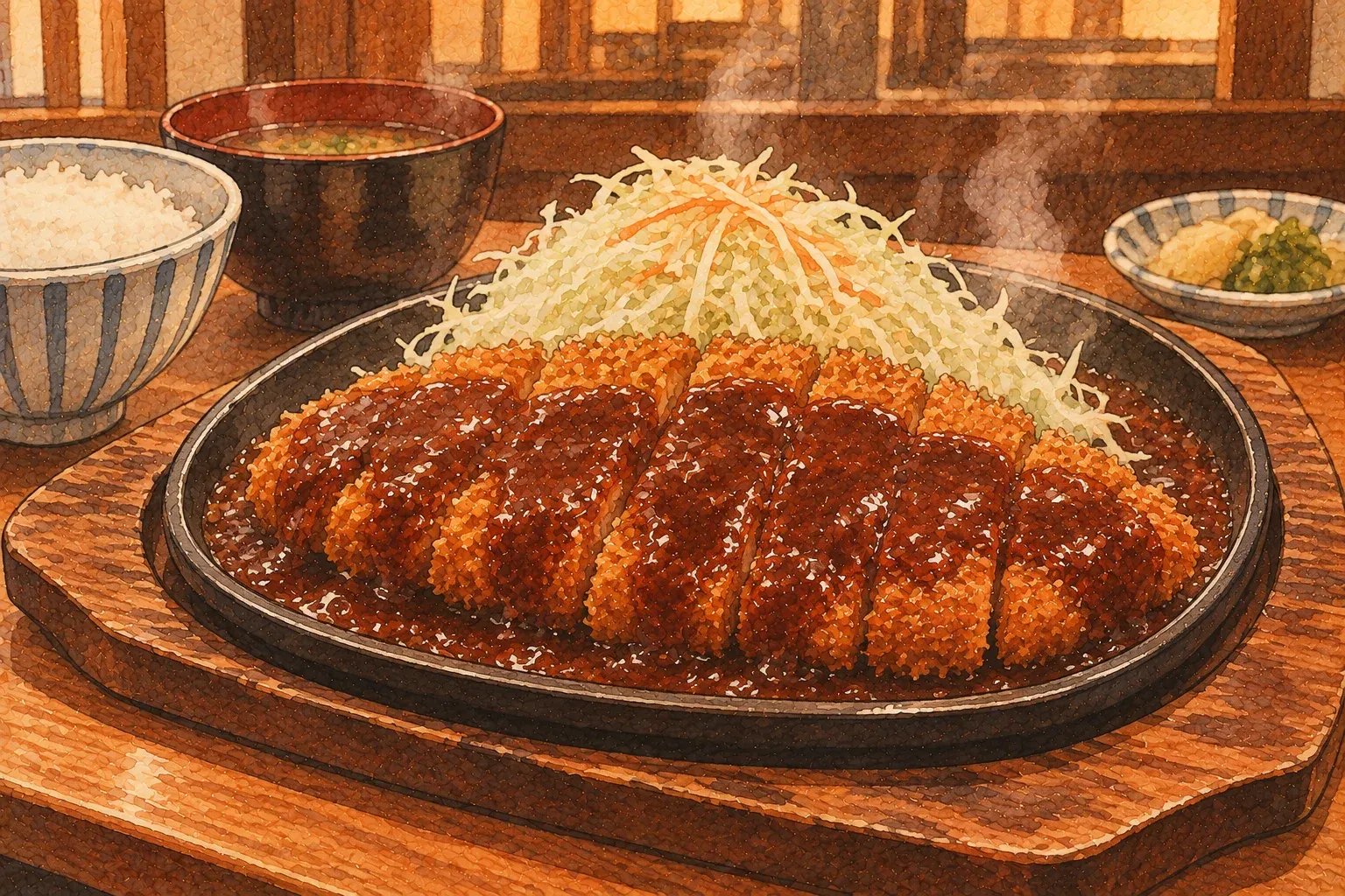 Illustration of a pork cutlet under thick dark miso sauce on a sizzling iron plate, with shredded cabbage