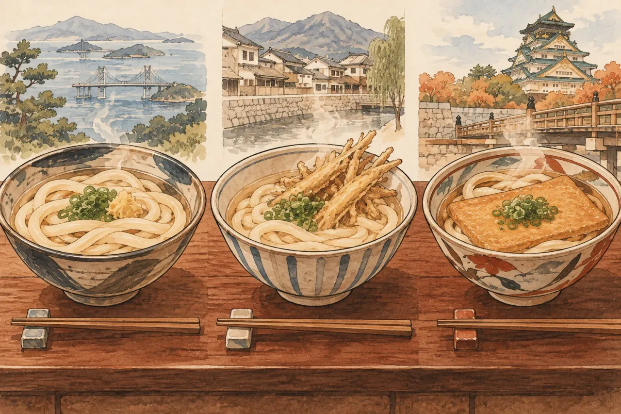 Three bowls of udon in a row: plain firm noodles with ginger, soft noodles topped with burdock tempura, and noodles under a sheet of fried tofu