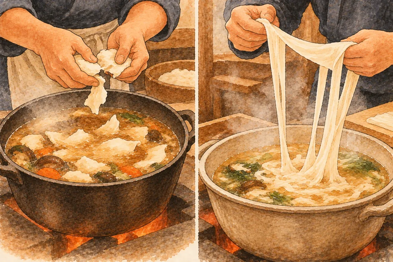 Dough torn into a pot of soup by hand, and dough pulled into long strips over another pot