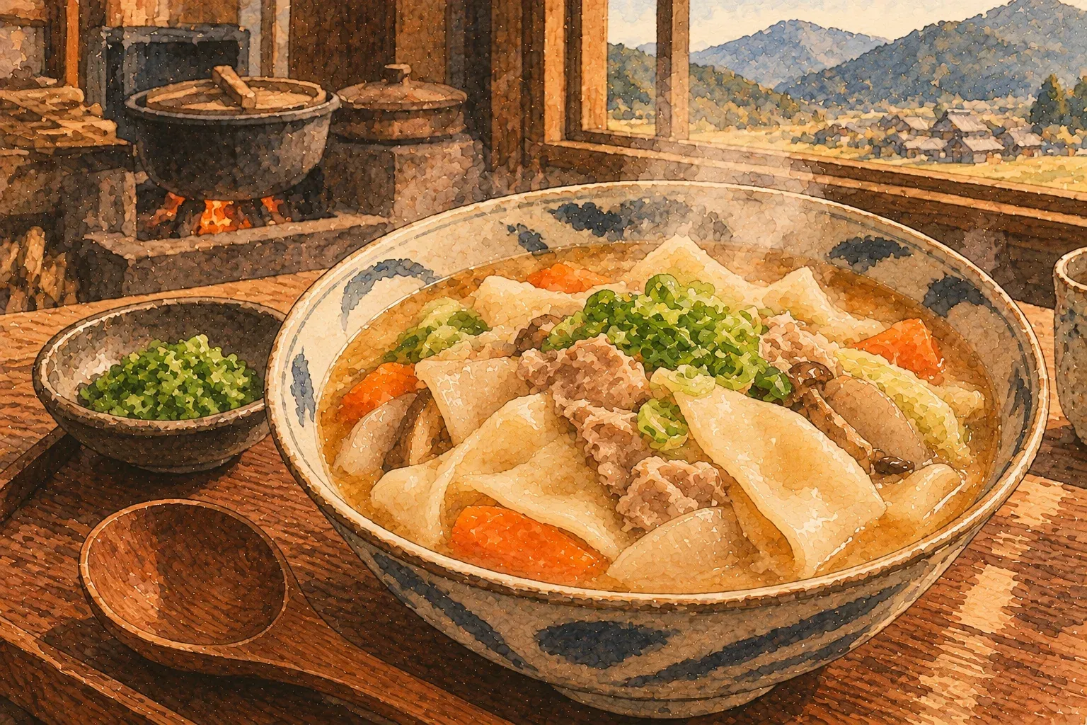 Illustration of a bowl of soup with torn flat flour dumplings, pork and root vegetables