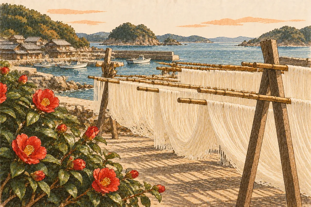 Thin udon hanging to dry on racks by a harbour, red camellias in front