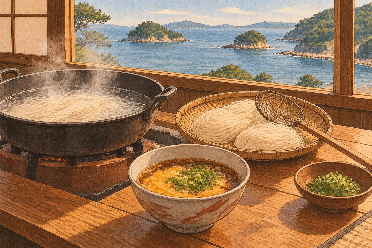 Illustration of an iron pot of boiling udon with a dish of dipping sauce by a window over island-dotted sea