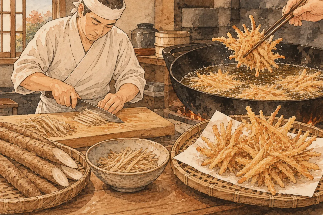 A cook slicing burdock into thin sticks and frying them into a crisp tempura cluster
