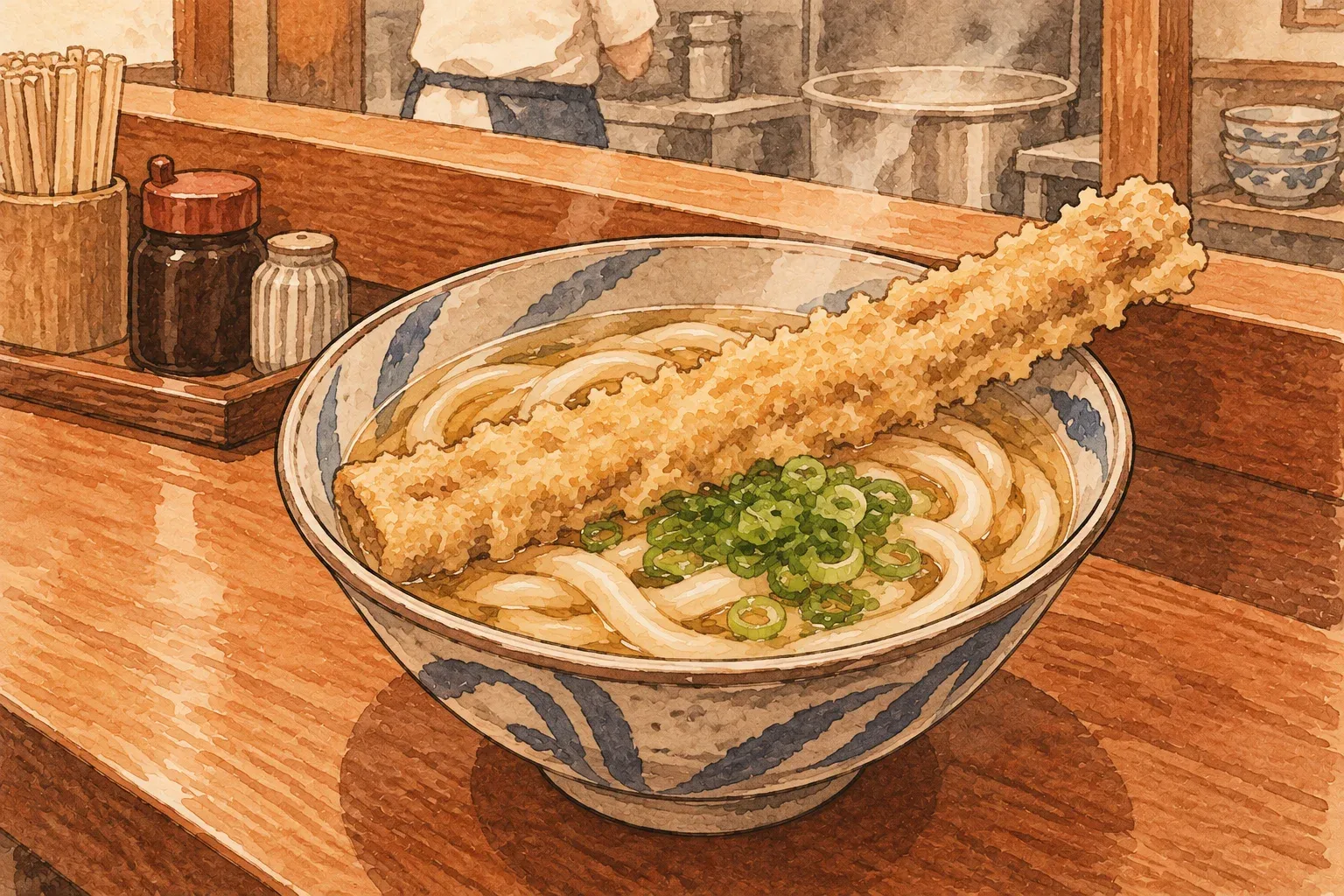 Illustration of a bowl of soft udon topped with a long stick of burdock tempura and green onion at a counter