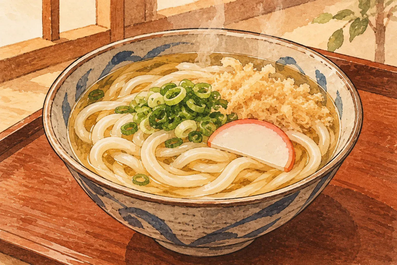 Illustration of a bowl of hot udon in clear broth with green onion, tempura bits and a slice of fish cake
