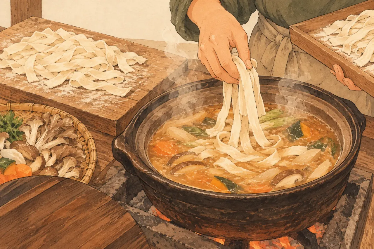 Hands dropping freshly cut flat noodles straight into a pot of simmering miso soup with vegetables