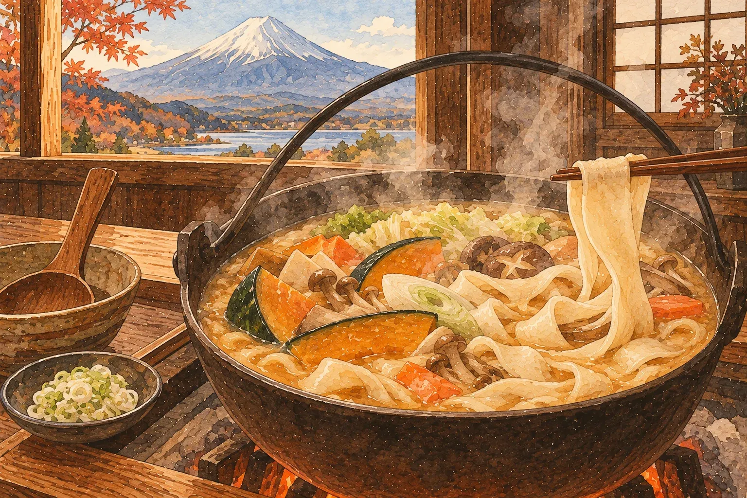 Illustration of an iron pot of hōtō with wide flat noodles, pumpkin and mushrooms in miso broth, Mount Fuji through the window