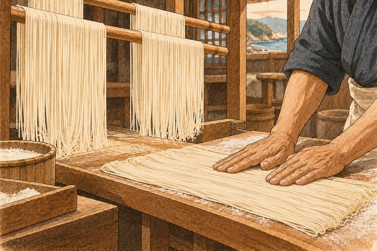 Hands pressing noodles flat on a floured board, strands hanging to dry behind