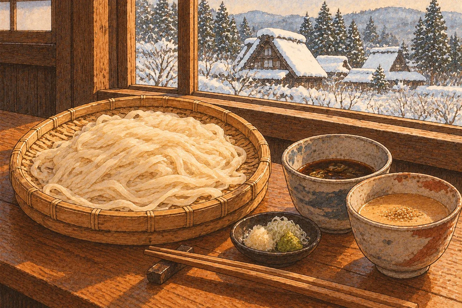 Illustration of a basket of cold flat udon with two dipping sauces, a snowy village of thatched houses outside