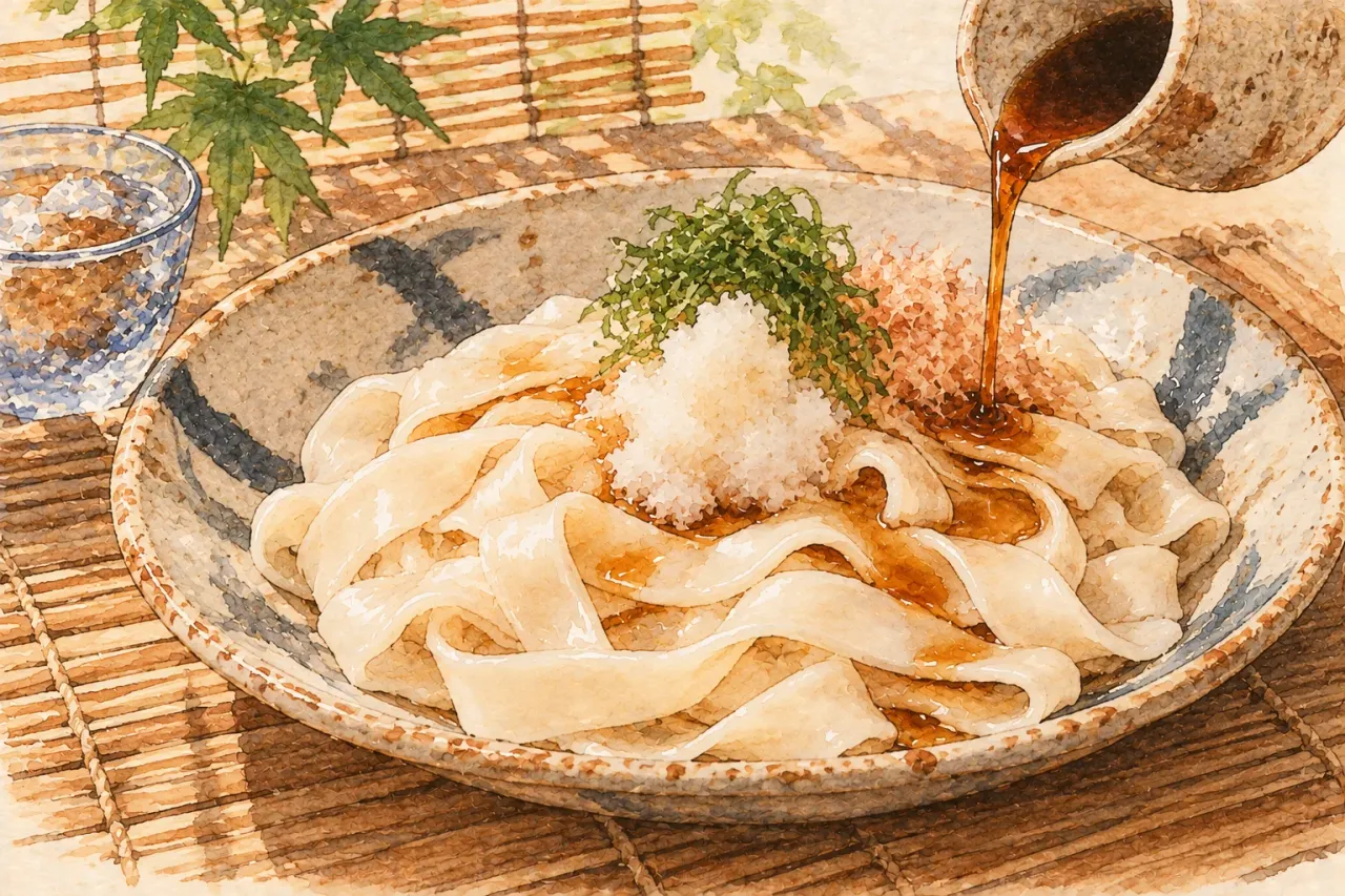 A plate of cold flat noodles with grated daikon and greens, sauce being poured over