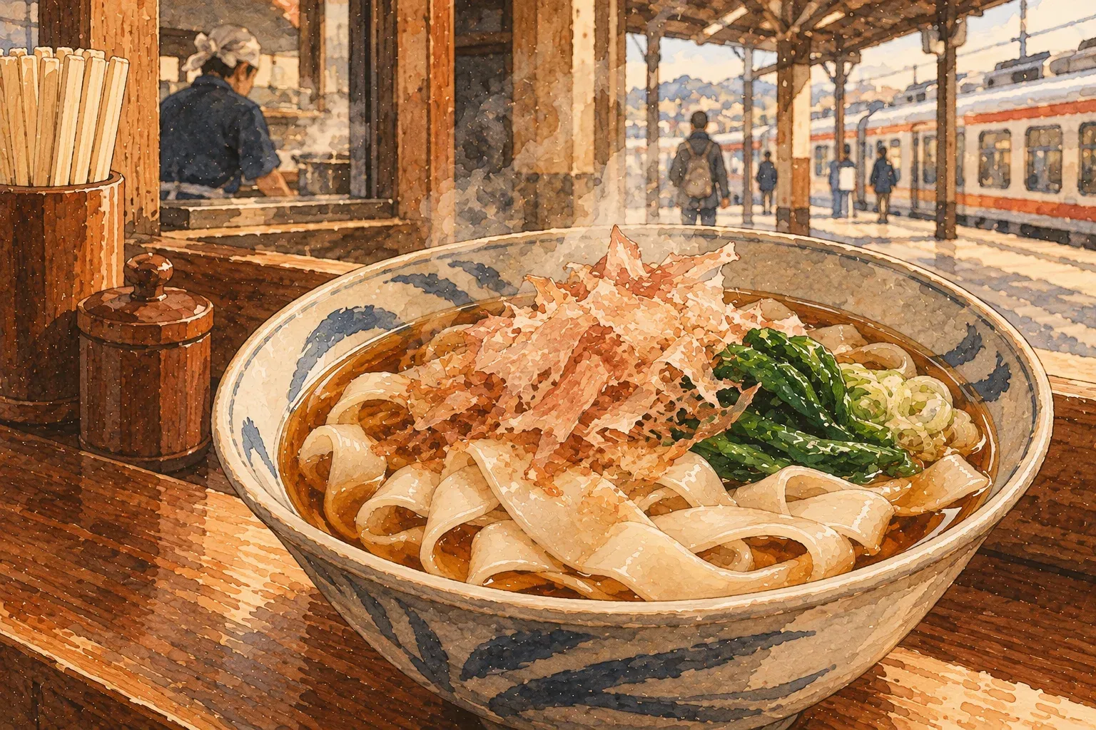 Illustration of a bowl of flat kishimen noodles in dark broth topped with bonito flakes and greens at a station counter
