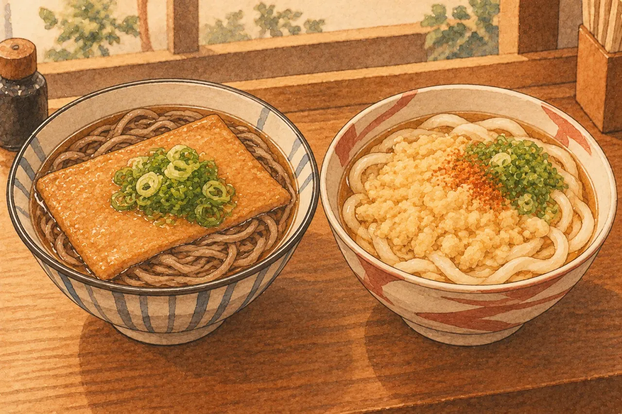 Two bowls side by side: fried tofu on soba in dark broth, and tempura bits on udon in pale broth