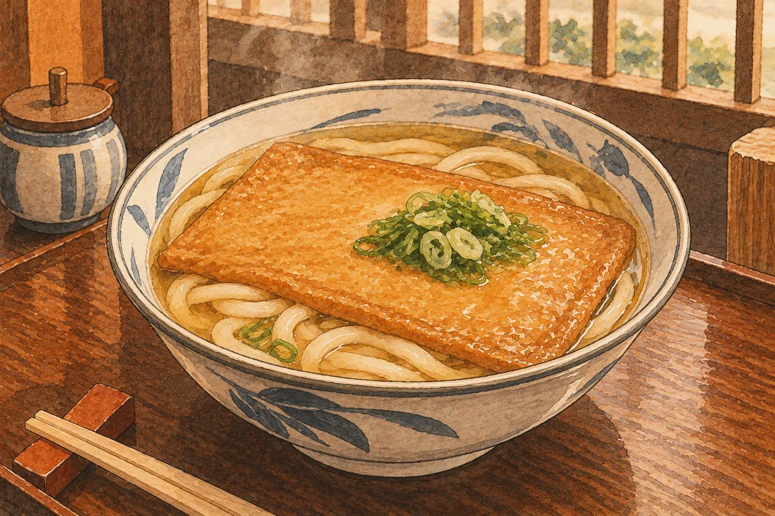 Illustration of kitsune udon: a sheet of sweet simmered fried tofu and green onion on soft noodles in pale broth