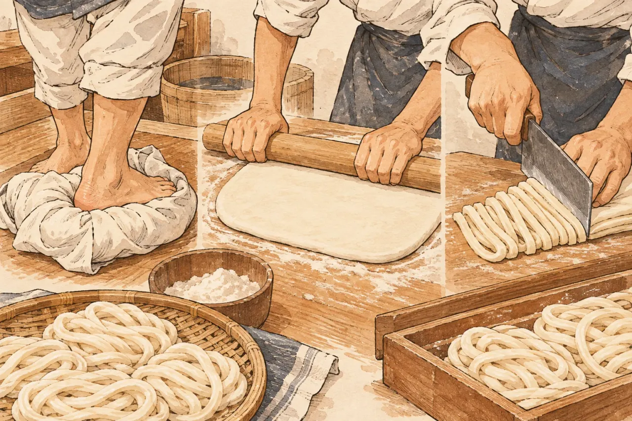 Udon dough wrapped in cloth being kneaded underfoot, then rolled flat and cut into thick noodles