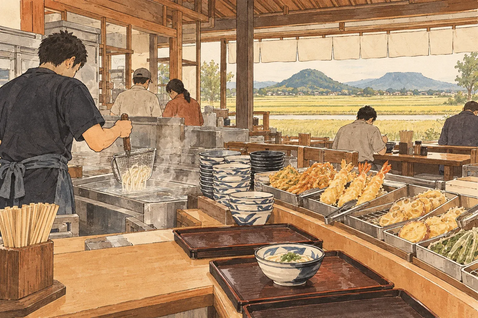 Illustration of a self-service udon shop: a customer warming noodles in a strainer, trays of tempura on the counter, flat-topped hills over the fields outside