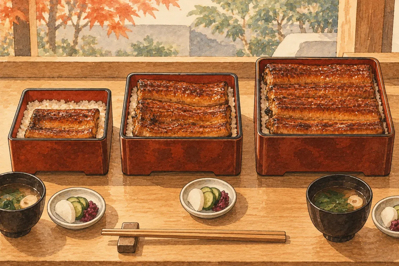 Three lacquer boxes of eel on rice in a row, from small to large, with soup and pickles
