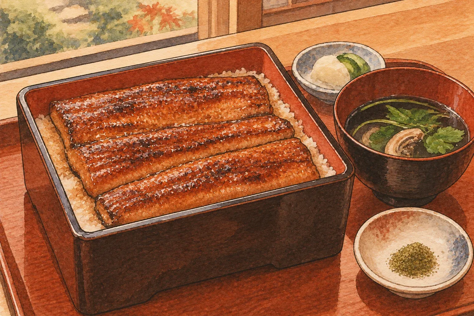 Illustration of grilled eel over rice in a lacquer box, with clear soup and a dish of sansho pepper