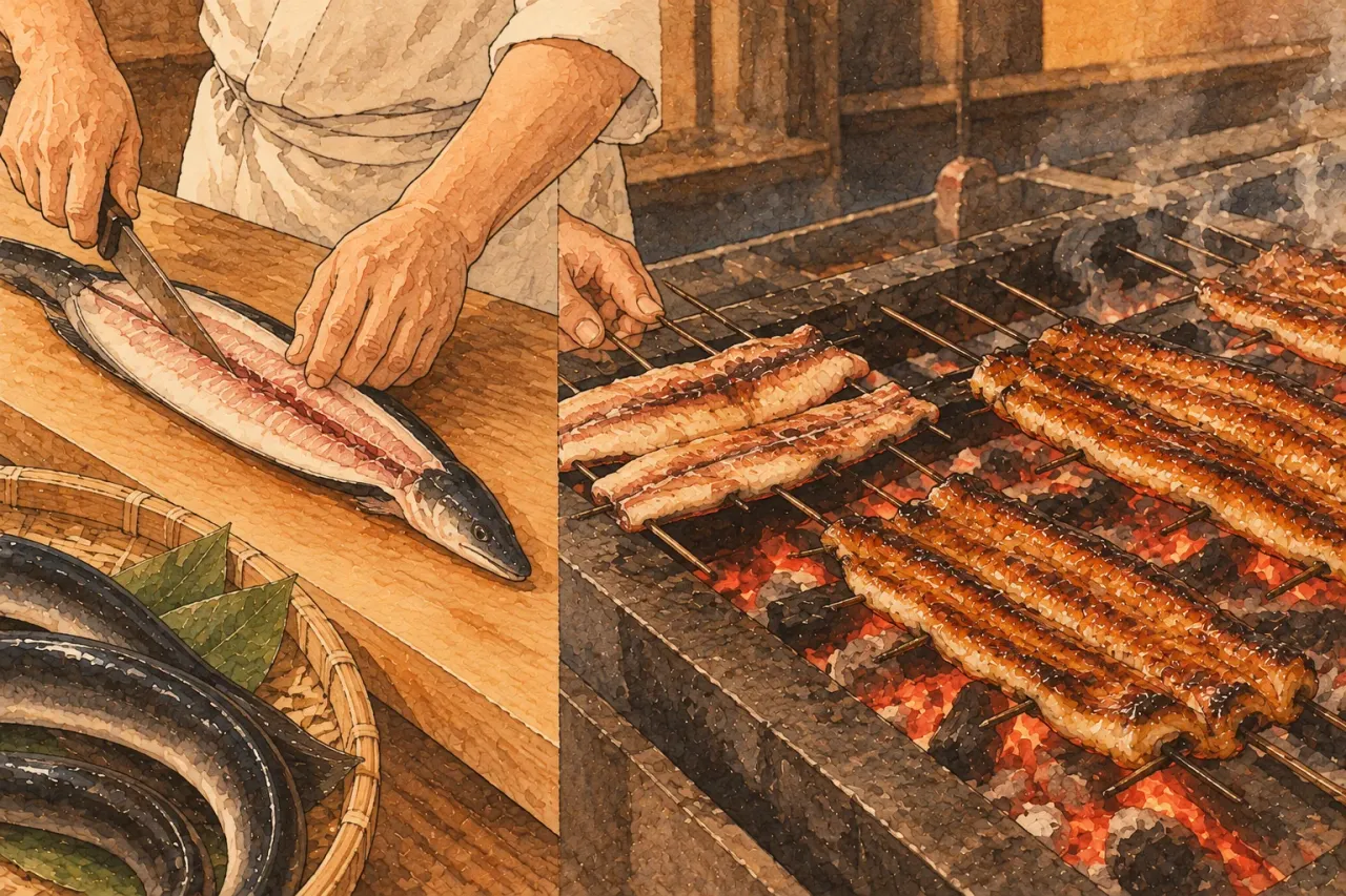 An eel opened with a knife on a board, and fillets grilled directly over charcoal