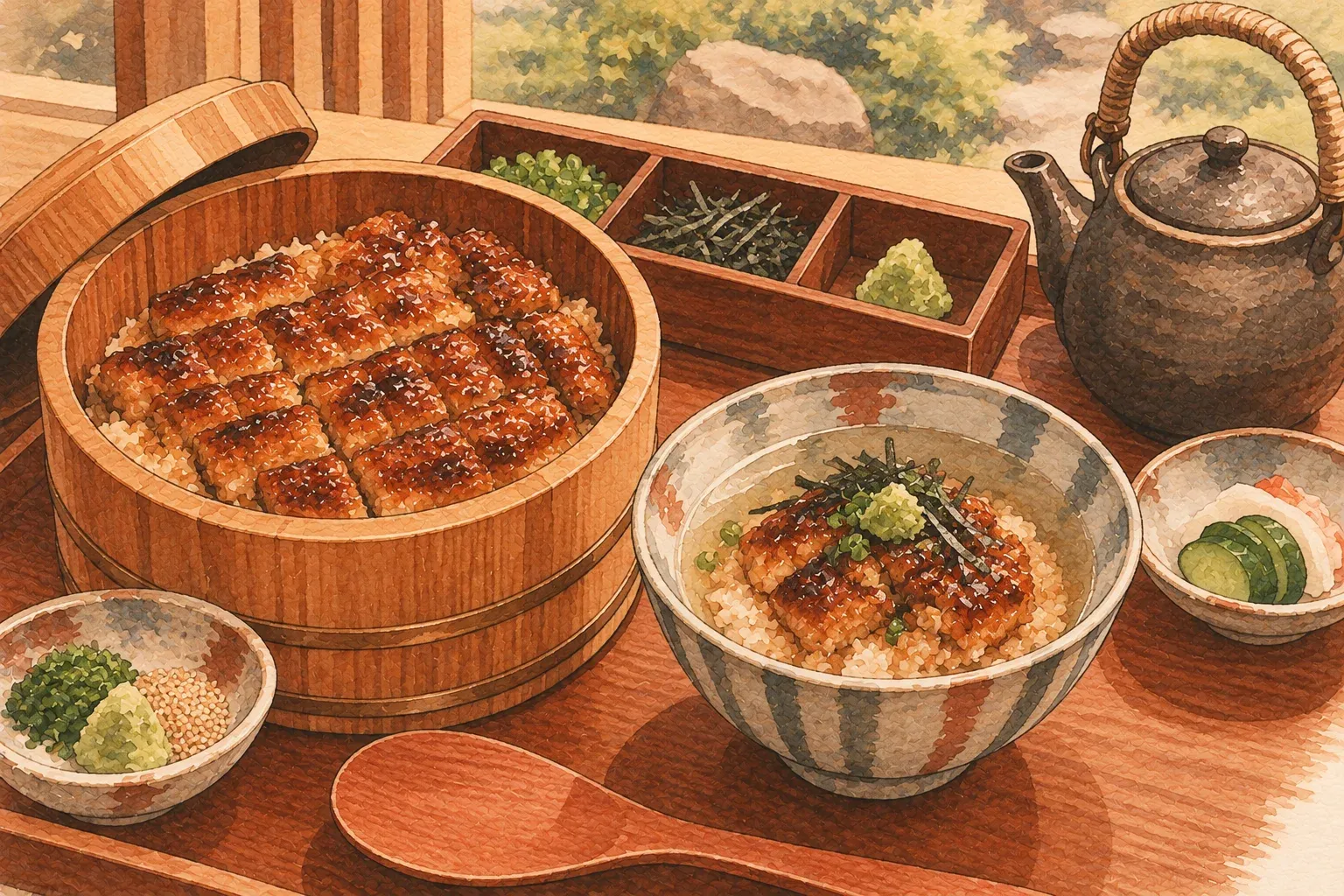 Illustration of hitsumabushi: chopped grilled eel over rice in a round wooden tub, condiments, a teapot of broth and a bowl to eat from