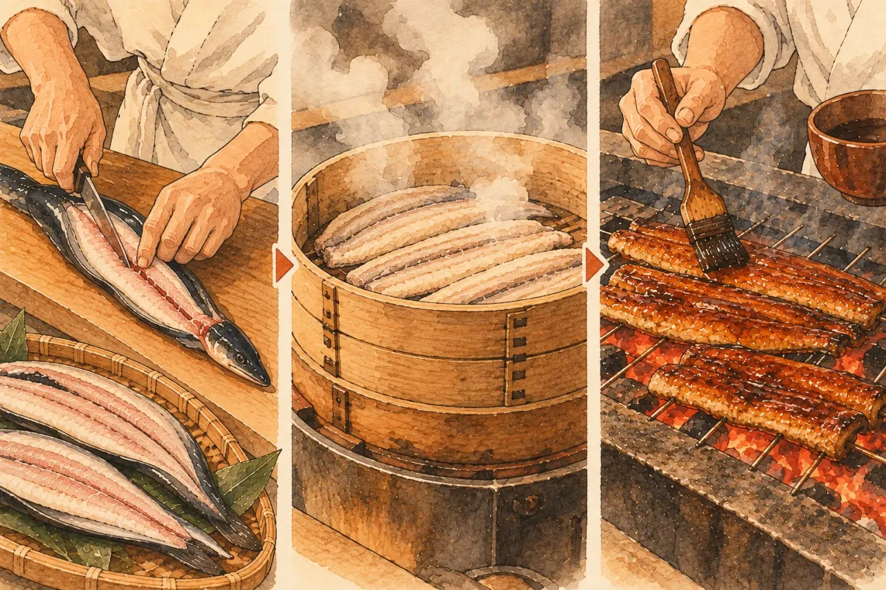 Three steps: an eel opened on a board, fillets steamed in a bamboo steamer, then brushed with sauce over charcoal