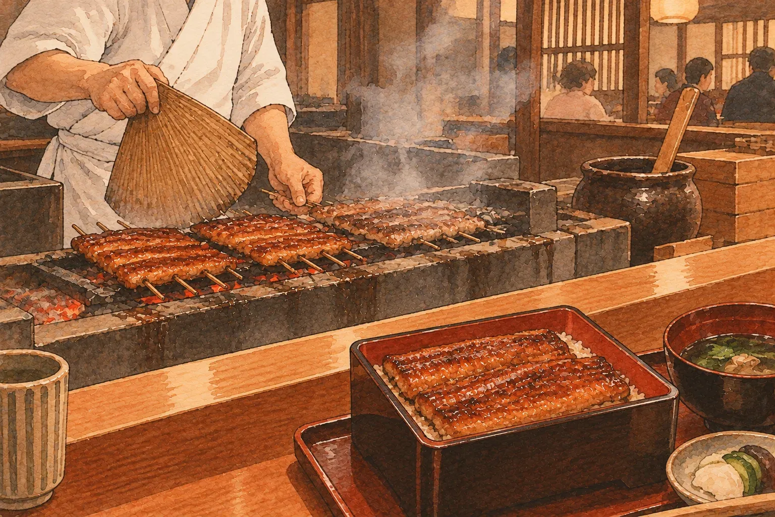 Illustration of a cook fanning skewered eel over charcoal, smoke rising, a lacquer box of glazed eel on the counter