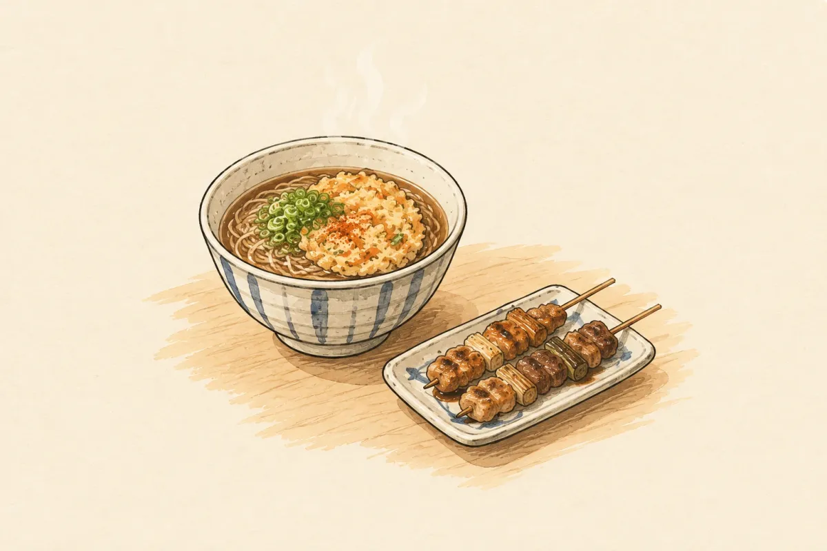 Illustration of a bowl of soba with tempura and green onion, beside a plate of yakitori skewers