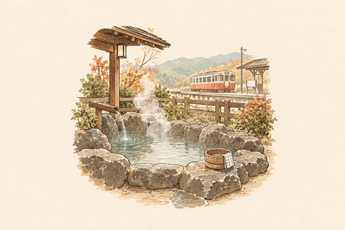 Illustration of a small stone outdoor onsen with a wooden bucket, a local train waiting at the platform behind